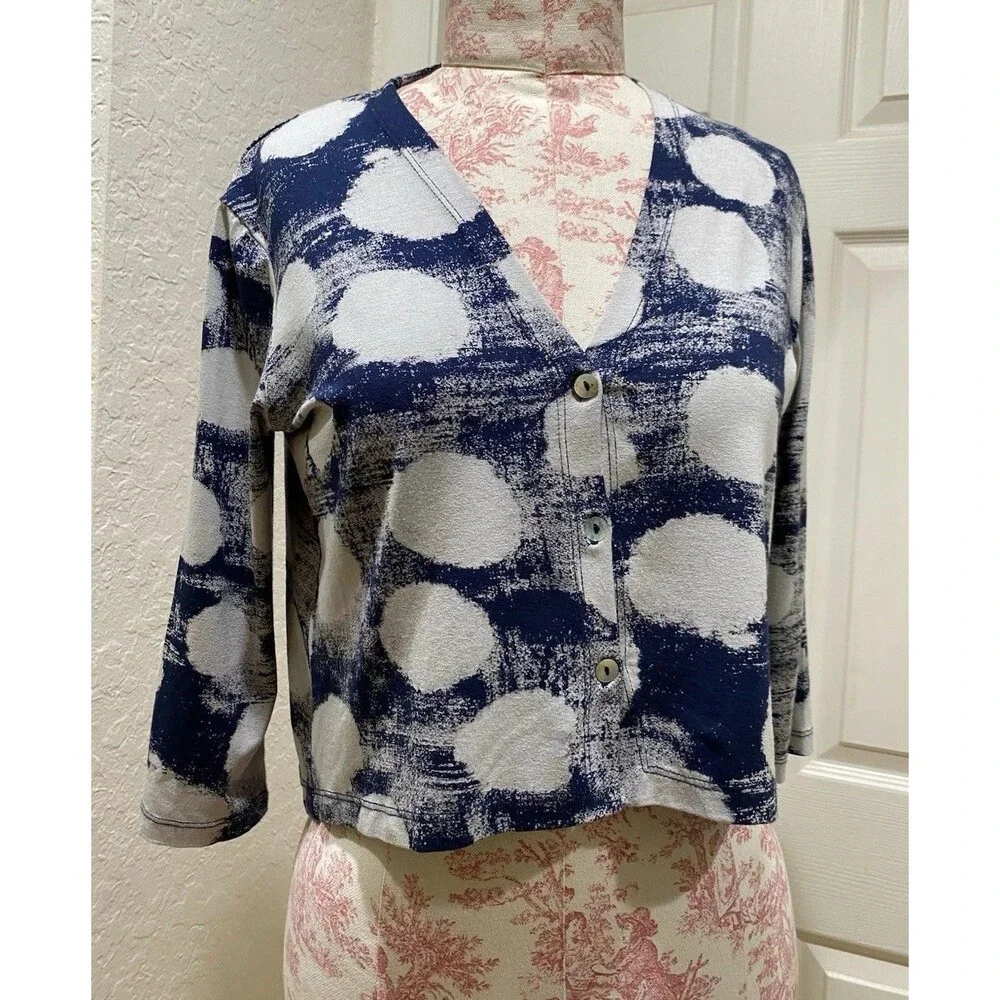 Alembika Cloud Crop Cardigan Jacket Women’s 0 Blue Polka Dot Abstract Lagenlook